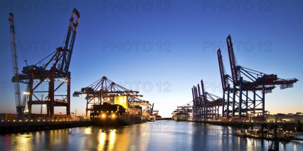Container ships at Eurogate container terminal and Burchardkai in the evening, Port of Hamburg, Hamburg, Germany, Europe