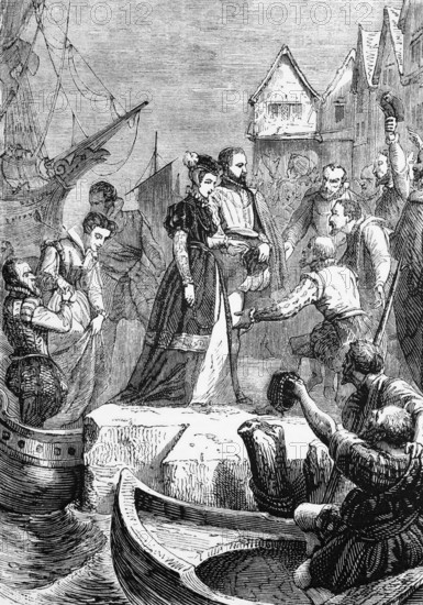 Mary Stuart lands in Leith, Scotland. After the burning of Holyroodhouse during the raid on Hertford in 1544, she moved her Scottish court to Leith. 1560, digital reproduction of a historical model