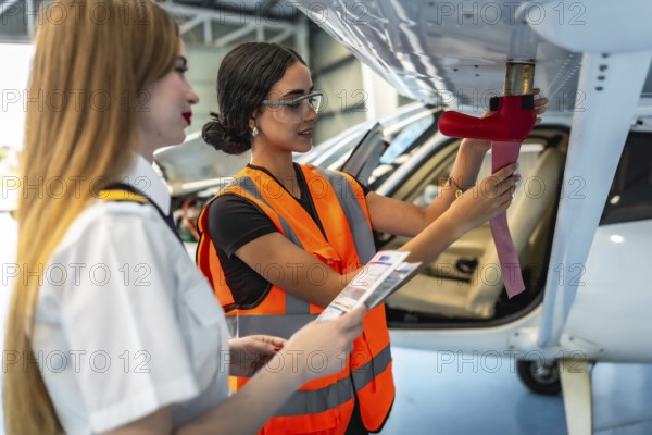 Female aircraft maintenance engineer inspecting airplane wing with pilot assisting, holding checklist and discussing procedures in hangar