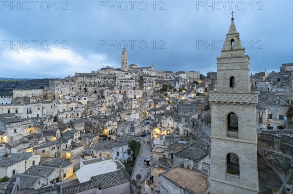 Panoramic View of Sassi di Matera at dusk, Sasso Barisano, Basilicata, Italy, Europe