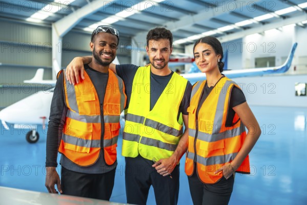 Three aircraft maintenance technicians wearing high visibility vests stand together in an aircraft hangar, embodying teamwork and professionalism in aviation maintenance