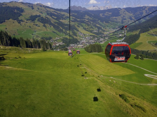 Tyrolean mountains near Saalbach-Hinterglemm, 12er Kogel cable car with view of Saalbach, Tyrol, Austria, Europe