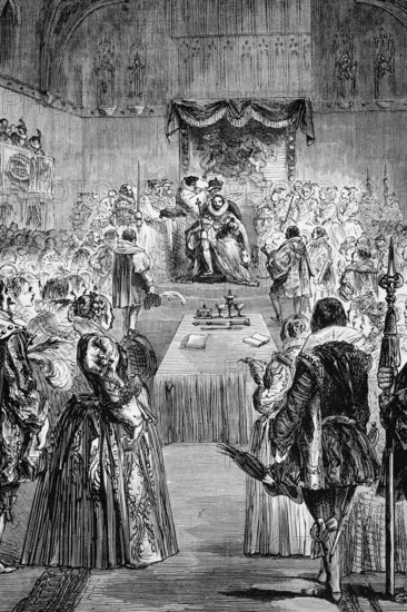 The English coronation of James I (1566 to 1625), King of England and Ireland, on 25 July 1603 after the death of Queen Elizabeth I. From 24 July 1567 he was also King of the Scots, England, as James VI, digital reproduction of a historical model