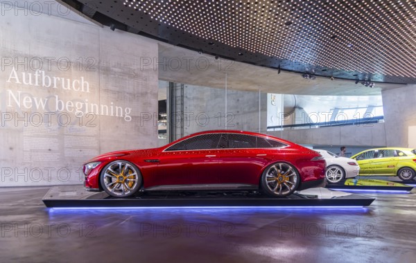 Mercedes-AMG GT Concept from 2017. The Mercedes-Benz Museum in Stuttgart presents a journey through the automotive history of the global corporation. Myth 6: The road to emission-free mobility, 1982 to the present day. The history of the Mercedes star begins with the first automobile in 1886. 160 vehicles are on display. Stuttgart, Baden-Württemberg, Germany, Europe
