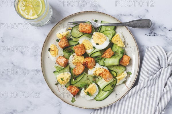 Delicious salmon and egg salad served on a plate with fresh cucumber and herbs for a healthy meal at lunchtime