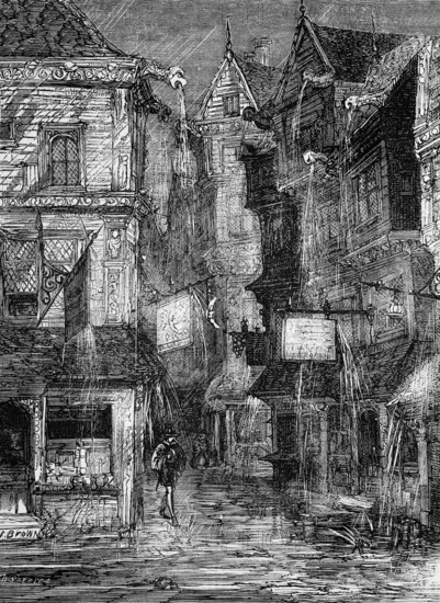 During the reign of Queen Elizabeth I, a 16th century street during a torrential downpour in London, England, digital reproduction of a historical original