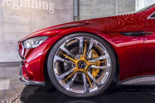 Mercedes-AMG GT Concept from 2017. The Mercedes-Benz Museum in Stuttgart presents a journey through the automotive history of the global corporation. Myth 6: The road to emission-free mobility, 1982 to the present day. The history of the Mercedes star begins with the first automobile in 1886. 160 vehicles are on display. Stuttgart, Baden-Württemberg, Germany, Europe