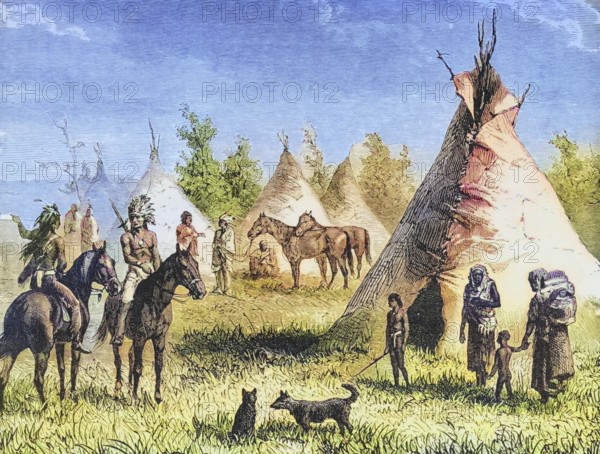 Sioux village with tepees around 1820, America, digital reproduction from American Pictures, drawn with pen and pencil, coloured, by Samuel Manning, published circa 1880, Historical