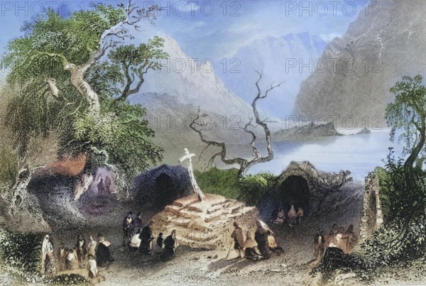 Scene in Gougane Barra, County Cork, Ireland, from the Landscape and Antiquities of Ireland, 1841, digital reproduction of a historical model, Europe