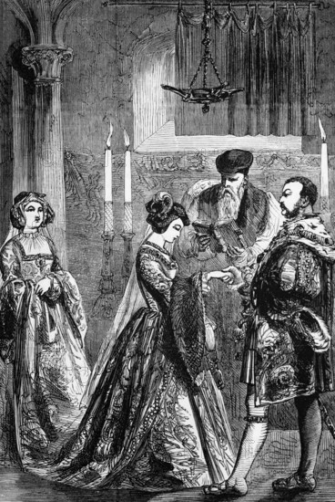 The marriage of Henry VIII and Anne Boleyn on 25 January 1533. On 23 May 1533 Thomas Cranmer declared the marriage between Henry and Catherine null and void, five days later he declared the marriage between Henry and Anne good and valid, England, digital reproduction of a historical original