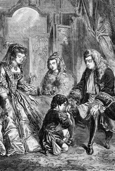 The first conversation of Horatio Walpole, 4th Earl of Orford and youngest son of the British Prime Minister Sir Robert Walpole, with King George I in 1725, England, digital reproduction of a historical original