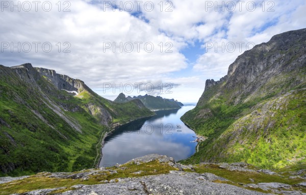 View of Øyfjorden fjord and mountains, fjord landscape with mountain peaks, hike to Barden mountain, Senja, Norway, Europe