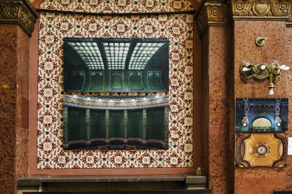 Decorated wall, detail, Hotel and thermal bath, Gellert bath, interior view, Budapest, Hungary, Europe