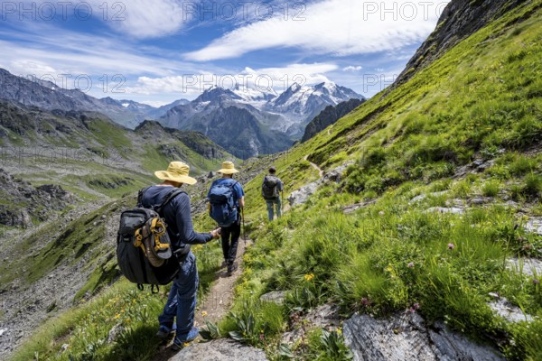 Mountaineer on hiking trail in mountain landscape, descent at Col du Louvie, view of glaciated mountain peaks of the Grand Combine, Valais Alps, Val de Bagnes, Valais, Switzerland, Europe