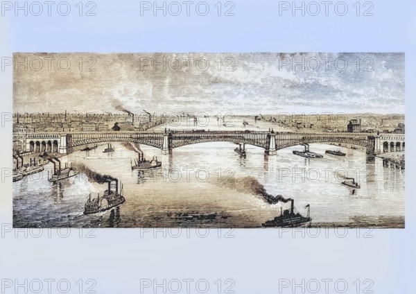 Large steel bridge over the Mississippi River in St. Louis, Missouri, in the 1870s, America, digital reproduction from American Pictures, drawn with pen and pencil, coloured, by Samuel Manning, published circa 1880, Historical