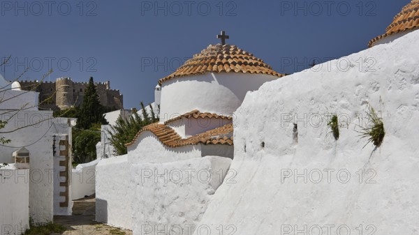 Church of Agia Kioura, White church with terracotta roof and historic charm, Church, Monastery of St John, Chora, World Heritage Site 1999, Patmos, Dodecanese, Greek Islands, Greece, Europe