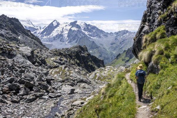 Mountaineer on hiking trail in mountain landscape, descent at Col du Louvie, view of the summit of the Grand Combine, Valais Alps, Val de Bagnes, Valais, Switzerland, Europe