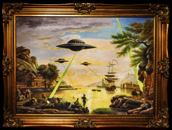 Banksy - UFO, conflict between modern and historical era, science fiction meets impressionism, 2006, exhibition The World of Banksy