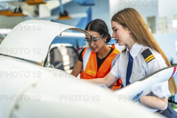 Female pilot and an aircraft maintenance engineer are inspecting the engine of a small plane in a hangar