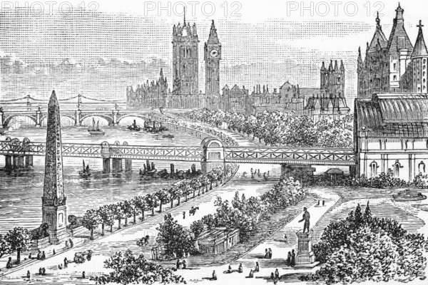 Cleopatra's Needle, the Houses of Parliament, bridges and banks, the Thames, c. 1870, London, England, digital reproduction of a historical model