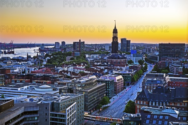City view from above with the harbour and the main church St. Michaelis at atmospheric sunset, Hamburg, Germany, Europe