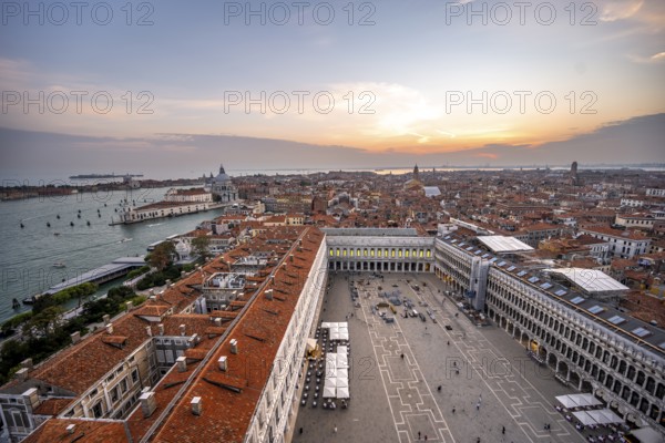 Panorama, St Mark's Square and Basilica di Santa Maria della Salute on the Grand Canal at sunset, view from the Campanile di San Marco bell tower, city view of Venice, Veneto, Italy, Europe