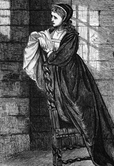 Lady Jane Grey watches her man Lord Guildford Dudley, a younger son of the Duke of Northumberland, on his way to execution. After their time as Nine Days' Queen, they were sentenced to death for high treason in November 1553, England, digital reproduction of a historical model