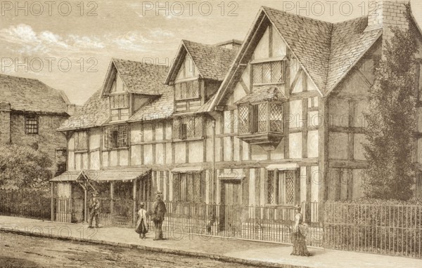 Shakespeare's birthplace in Stratford-upon-Avon, England. From the illustrated library Shakspeare, published in London in 1890, digital reproduction of a historical original