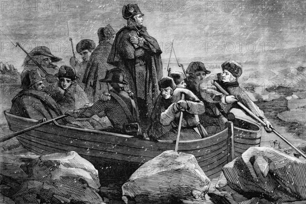 George Washington crosses the Delaware River on the night of 25-26 December 1776 during the American War of Independence, the first step of a surprise attack on Hessian soldiers in Trenton, New Jersey, on the morning of 26 December, digital reproduction of a historical original