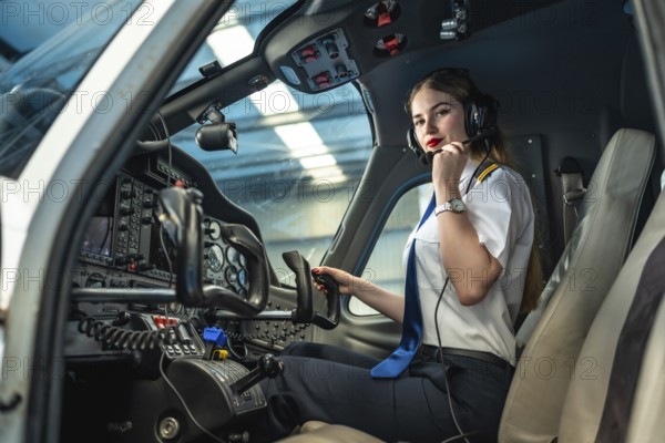 Confident female pilot preparing for takeoff, sitting in the cockpit of a small airplane, adjusting her headset