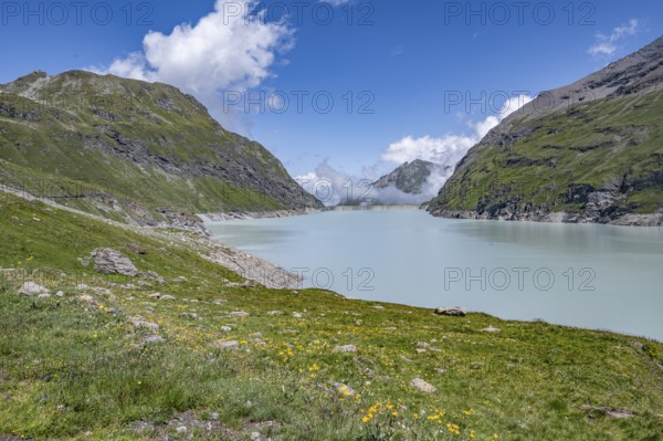 Blue mountain lake in a mountain landscape, Lac des Dix reservoir, Valais Alps, Valais, Switzerland, Europe