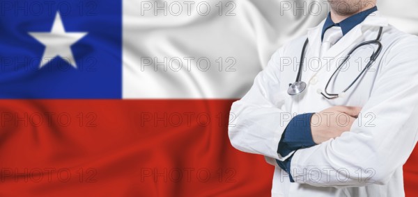 Chile healthcare concept. Male doctor on Chile flag. Doctor with crossed arms on Chile flag