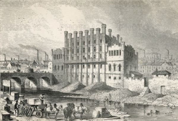 Exterior view of the Castle Grinding Mill, Sheffield, South Yorkshire, England in the 19th century. From the Cyclopaedia of Useful Arts and Manufactures by Charles Tomlinson, digital reproduction of a historical model