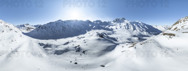 Alpine panorama, aerial view in winter, Alpine Club hut Kesch-Hütte in front of mountain peak Piz Kesch, Albula Alps, Rhaetian Alps, Grisons, Eastern Switzerland, Switzerland, Europe