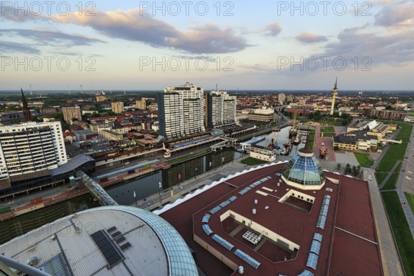 View from above of skyscrapers, Columbus Center and the Old Harbour, evening sky, Mitte district, skyline, Bremerhaven, Bremen, Germany, Europe