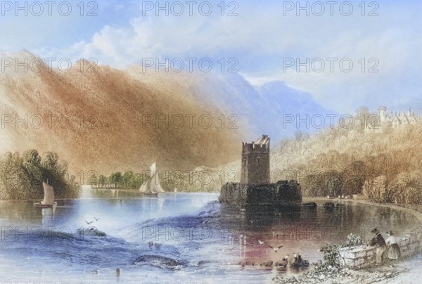 Narrow Water Castle, Carlingford Lough, Co. Lough, Ireland, from the Landscape and Antiquities of Ireland, 1841, digital reproduction of a historical model, Europe