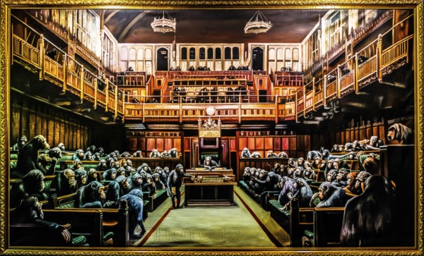 Banksy - Devolved Parliament, Chimpanzees take over the House of Commons, 2009, Bristol Museum, Bristol, UK, exhibition The World of Banksy