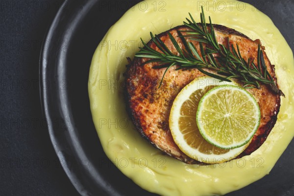 Salmon steak, fried, mashed potatoes, top view, rosemary, lemon and lime, homemade, one serving, no people