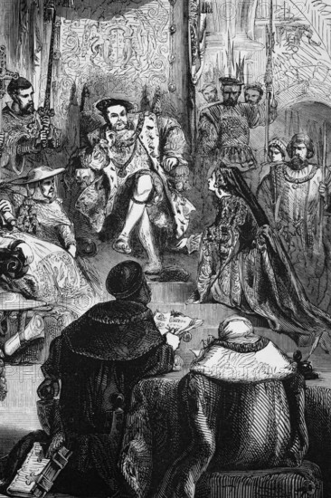 The trial of Queen Catherine in 1529, Catherine of Aragon was the first woman of Henry VIII, whose marriage to the king was annulled, England, Spain, digital reproduction of a historical original, Europe