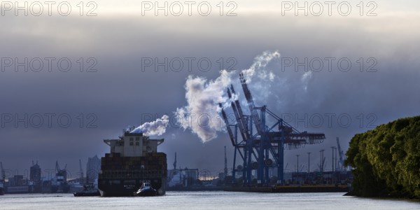 Container ship MSC Tokyo with two small tugs near the Burchardkai container terminal in the Port of Hamburg, Germany, Europe