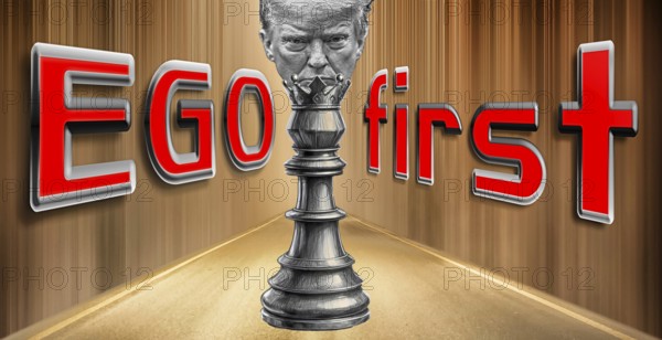 Symbolic image, Trump as egomaniacal chess king, towers over the USA, Bitcoin king, kleptocracy, price development, Bitcoin questionable due to extreme energy demand, stock market prices, insecure digital currency, resources, energy, industry, economy critical, stock market hype, stock market crash, payment, insolvency, wrong decisions, maximum profit, profit slump, share prices, Germany as a business location, global economy, globalisation, environmental protection, mafia, Trump government, Bitcoin rally, cryptocurrency, electronic wallet, crypto reserve, stock market trading, gold replacement currency