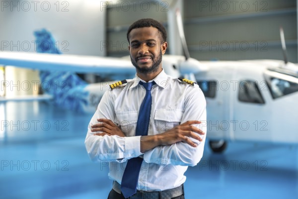 Portrait of a smiling pilot standing with arms crossed in front of a small passenger airplane inside an aircraft hangar
