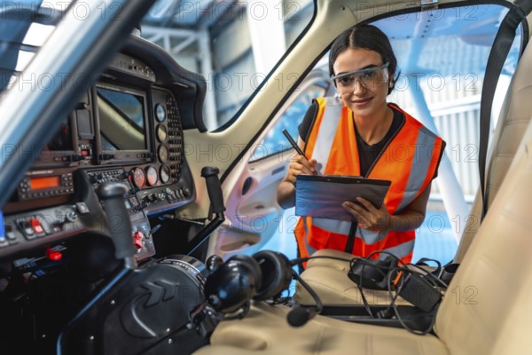 Female aircraft maintenance engineer taking notes while inspecting the cockpit panel of a small plane during a pre flight check