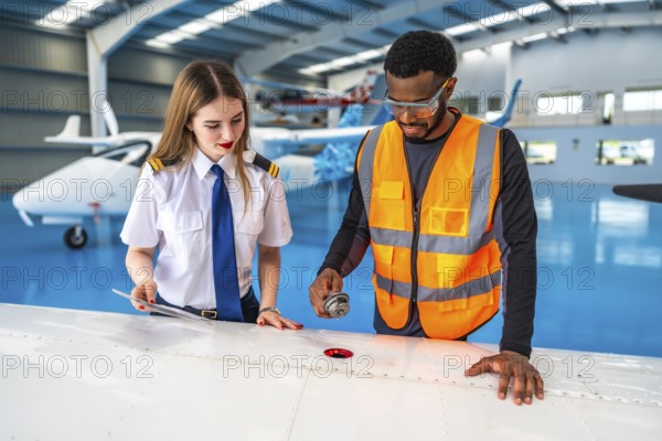 Aircraft maintenance engineer shows a fuel sample to a pilot during a pre flight check in a hangar