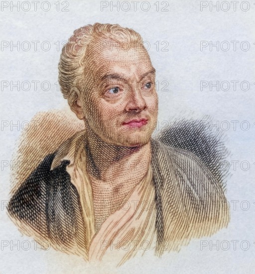 Claude-Prosper Jolyot de Crebillon, (born 14 February 1707 in Paris, died 12 April 1777 in Paris) was a French author, coloured woodcut from Crabbe's Historical Dictionary from 1825, Historical, digital reproduction