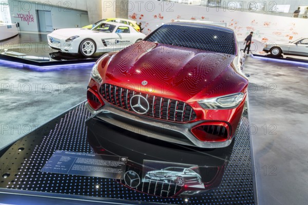 Mercedes-AMG GT Concept from 2017. The Mercedes-Benz Museum in Stuttgart presents a journey through the automotive history of the global corporation. Myth 6: The road to emission-free mobility, 1982 to the present day. The history of the Mercedes star begins with the first automobile in 1886. 160 vehicles are on display. Stuttgart, Baden-Württemberg, Germany, Europe