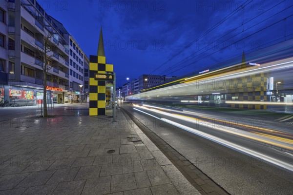 Steintor tram stop, designer Alessandro Mendini, general architecture, car headlights, traces of light, blue hour in the evening, deep blue evening sky, cumulus clouds, Kurt-Schumacher-Straße, Hanover, state capital, Hanover region, Lower Saxony, Germany, Europe