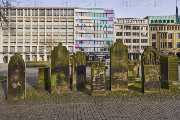 Historic gravestones, general architecture, diffuse light, pale blue cloudy sky, slightly sunny, Goseriede street, Hanover, state capital, Hanover region, Lower Saxony, Germany, Europe