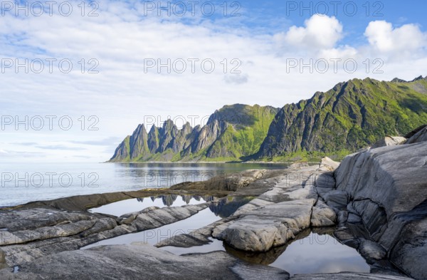 Tidal pools, rocky coast of Tungeneset, Devil's Teeth, Devil's Teeth, Okshornan, Ersfjorden, Senja Island, Troms, Norway, Europe