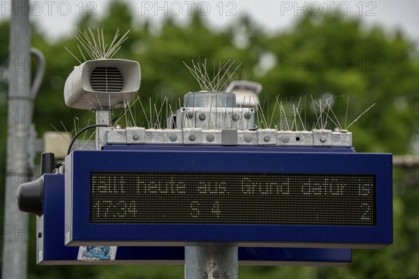 Display board, at a station, train cancellation announcement due to construction work, display shows text with apology for the train cancellation, peppered with thin wires against birds, pigeons, to keep the technical equipment free of bird droppings, bird defence, pigeon defence